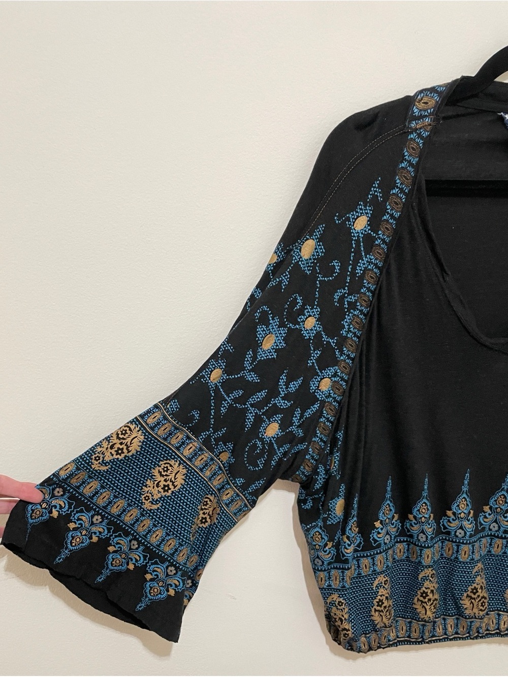 Free People Black Boho Embroidered V-neck Top, Medium - Picture 4 of 10